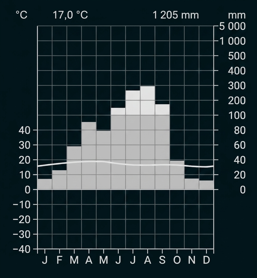 Klimadiagramm mit Temperatur- und Niederschlagsverlauf über das Jahr.